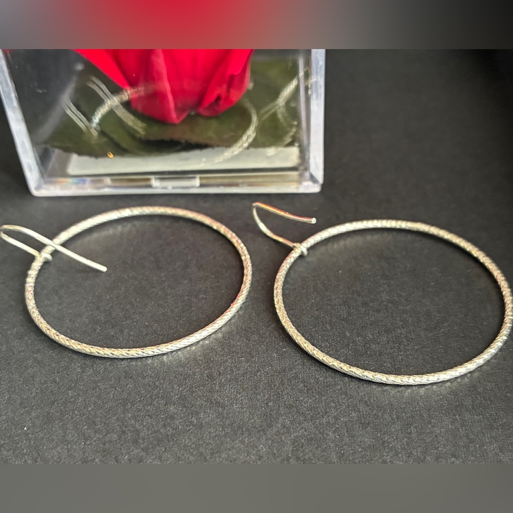 925 Silver Earrings,Textured Silver Hoop Drop Earrings for Women - Picture 5 of 7